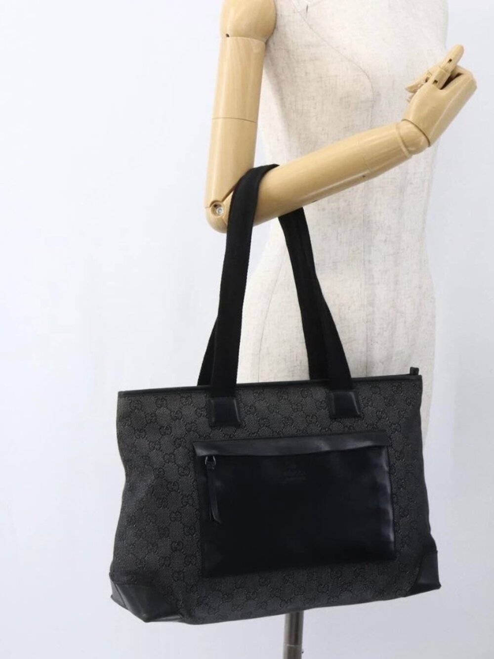GUCCI GG Canvas Tote Bag Black Silver